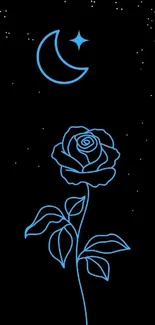 Neon blue rose under a crescent moon and stars on black background.