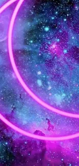 Neon crescent moon in a galaxy background.