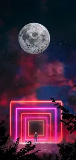 Neon geometric portal under a bright full moon, surrounded by a dreamlike sky.