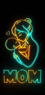 Neon art of mother holding baby with 'MOM' text in vibrant colors.