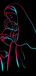 Neon line art of a mother holding a child with black background.