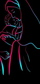 Neon outline of mother and child on black background.