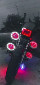 Motorcycle with neon lights in a dark setting