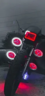 Motorcycle with neon red lights on a foggy street