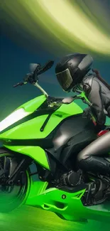 Neon green motorcycle racer in motion on a vibrant wallpaper.