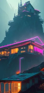 Neon-lit mountain retreat wallpaper with vibrant, futuristic design.