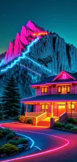 Neon-lit mountain and cabin with vibrant northern lights.