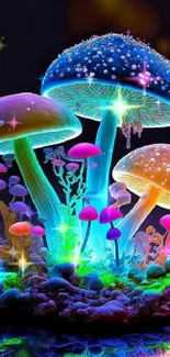 Neon mushrooms glowing in vibrant colors on a dark background.