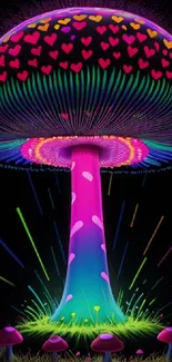 Vibrant neon mushroom with heart accents on a mobile wallpaper.