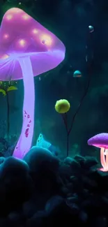 Neon mushrooms in a mystical, glowing forest scene.