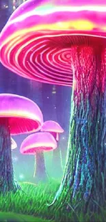 Neon pink mushrooms glowing in a mystical forest.