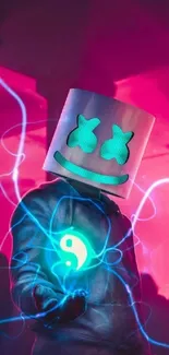 DJ in neon colors with glowing visuals on mobile wallpaper.