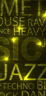 Yellow neon music genre wallpaper with bold text highlighting jazz and rock.