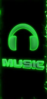 Neon green headphone icon and music text on a dark background.