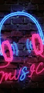 Neon blue and pink headphones on brick wall background.