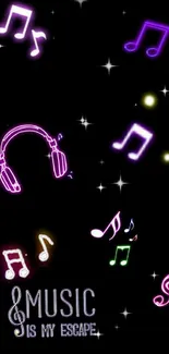 Neon music notes glowing on a dark background with the phrase 'Music is My Escape'