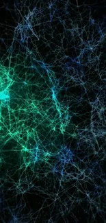 Neon blue and green network abstract wallpaper with black background.