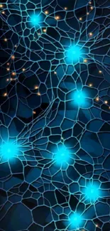 Mesmerizing neon network pattern with glowing blue lights on a dark background.