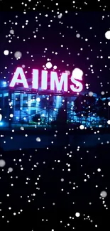 Neon AIIMS sign glowing at night.