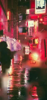 Silhouetted figure in neon alley, holding an umbrella on a rainy night.