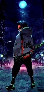 Anime character in neon cityscape at night