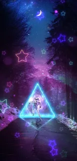 Astronaut in neon-lit forest with cosmic stars.