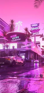 Neon-lit city street with palm trees and sleek cars under a pink twilight sky.