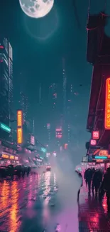 Cyberpunk cityscape with neon lights and a full moon.