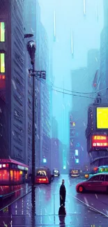 Futuristic neon cityscape with rain-soaked streets at night.