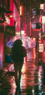 Person with umbrella in neon-lit city alley at night.