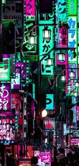 Neon cityscape with colorful signs in vibrant urban setting at night.