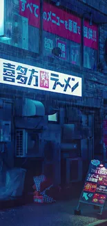 Neon-lit urban alley with vibrant colors and Japanese signage at night.