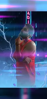 Man in red vest under neon lightning background.