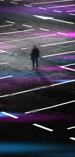 Neon night parking lot with purple and blue lights.