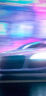 Dynamic neon car speeding through city night.