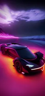 Futuristic neon-lit car speeding on a vibrant road at night.