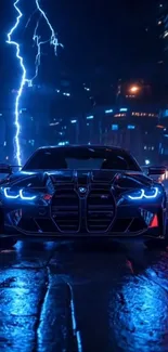 Neon racing car with city backdrop and lightning.