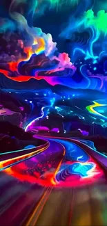Neon road at night with vibrant cosmic sky.