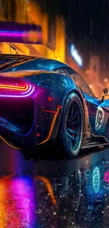 Neon sports car on a rainy street glowing in vibrant colors.