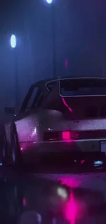 Sleek retro car under neon lights on rainy street.