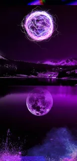 Neon nightscape wallpaper with a purple sky and moon reflection.