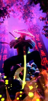 Neon ninja glowing in a mystical forest scene with vibrant colors.