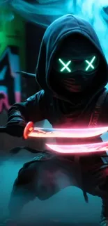 Neon ninja with glowing swords in foggy urban setting.