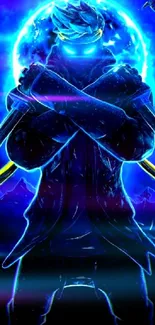 Blue neon ninja with swords crossed, glowing energy aura.