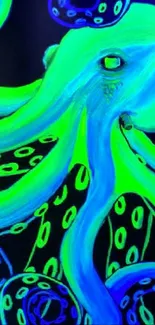 Neon green and blue octopus artwork on wallpaper.