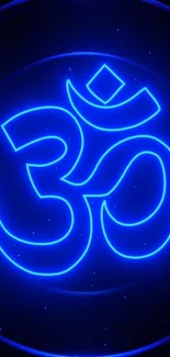 Neon blue Om symbol glowing on black background.