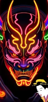 Neon oni mask with geisha design on mobile wallpaper.