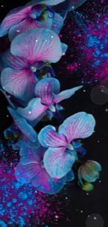 Vibrant neon orchids on black background with colorful splashes.