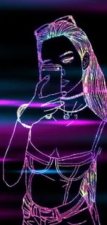 Colorful neon outline art of a stylish figure on a black background.