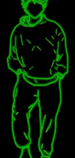 Neon green outline of a character on a black background wallpaper.